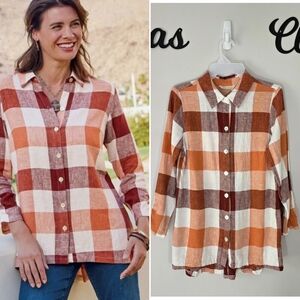 Soft Surroundings Linen Carreaux Plaid Mother of‎ Pearl Button Up Shirt Sz Smal